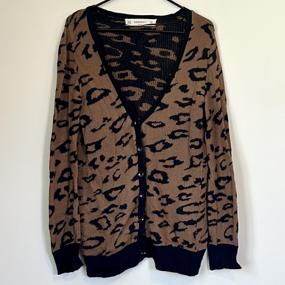 Zara Knit Oversized Leopard Animal Print Cardigan - Medium